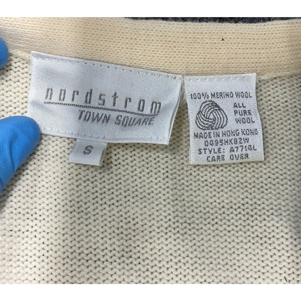 VTG Nordstrom Merino Wool Cream Embroidered Clock Patches V Neck Cardigan S - Picture 4 of 4